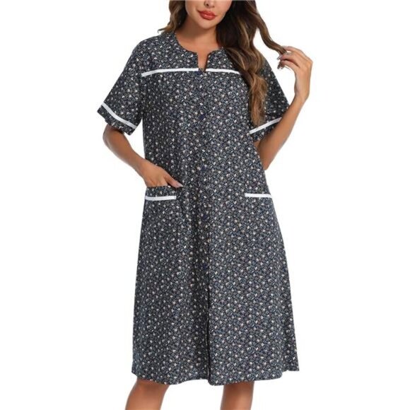 House Dress Womens Embroidered Housecoat Short Sleeve Duster Robe